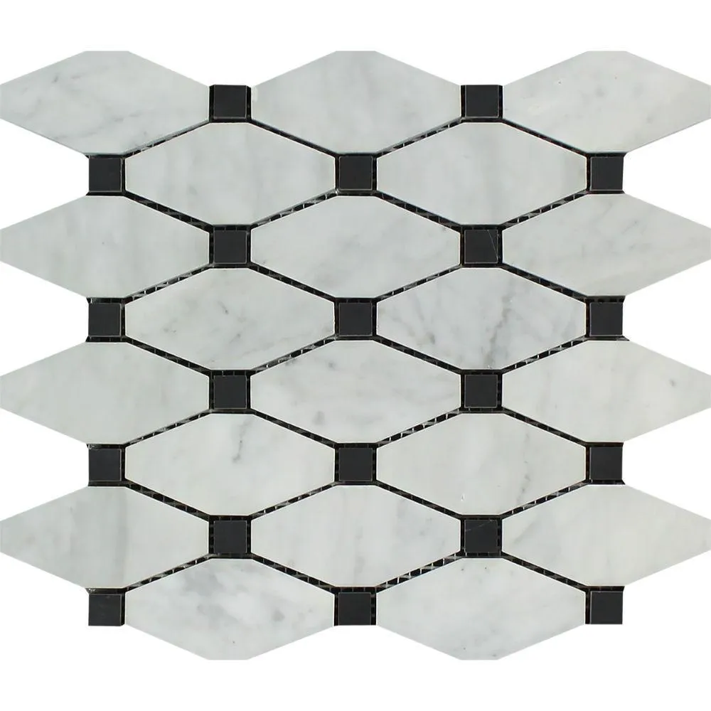 Tilefornia Italian Carrara White Marble Octave w/Black Marble Mosaic Tile Polished/Honed