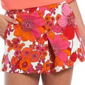TRINA TURK Corban Skirted Shorts In Tropical Retro Floral Print Sz 14 Red Pink