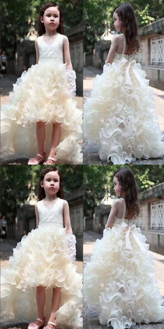 V-neck Hi-low Ivory Flower Girl Dresses, Cute Cheap Tutu Dresses, FG014