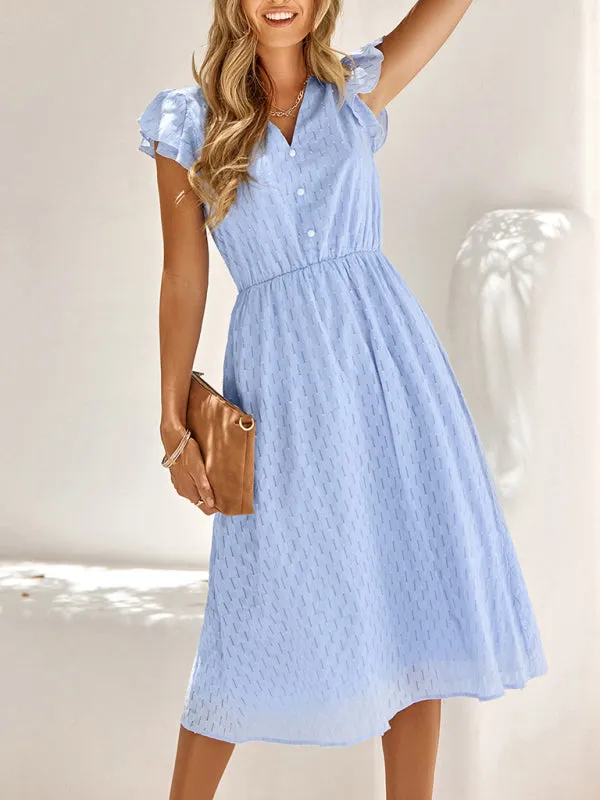 V-Neck Midi Dress with Flutter Sleeves and Textured Pattern