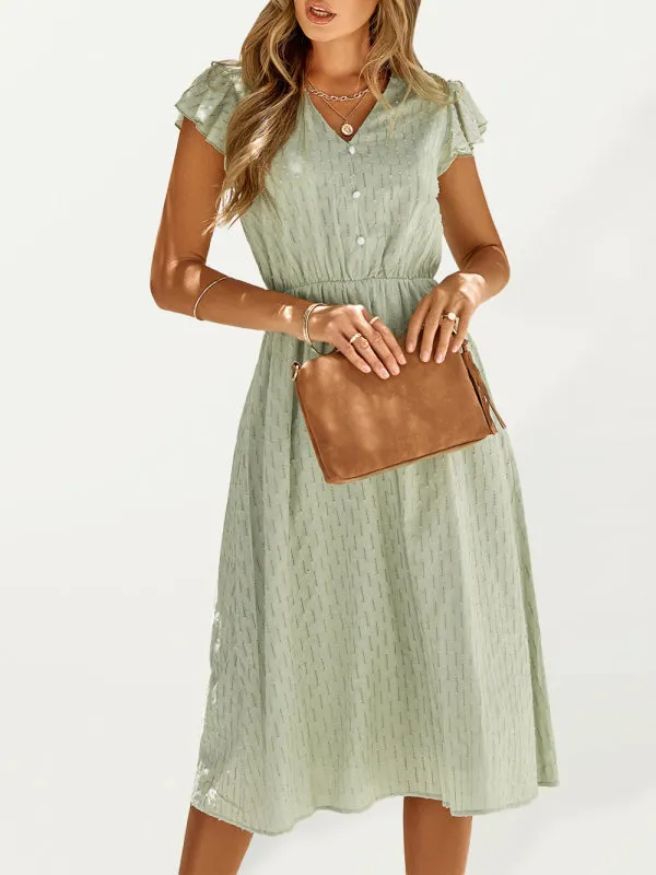 V-Neck Midi Dress with Flutter Sleeves and Textured Pattern