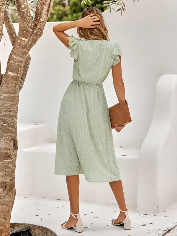 V-Neck Midi Dress with Flutter Sleeves and Textured Pattern