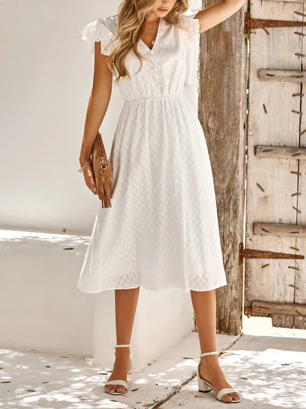 V-Neck Midi Dress with Flutter Sleeves and Textured Pattern