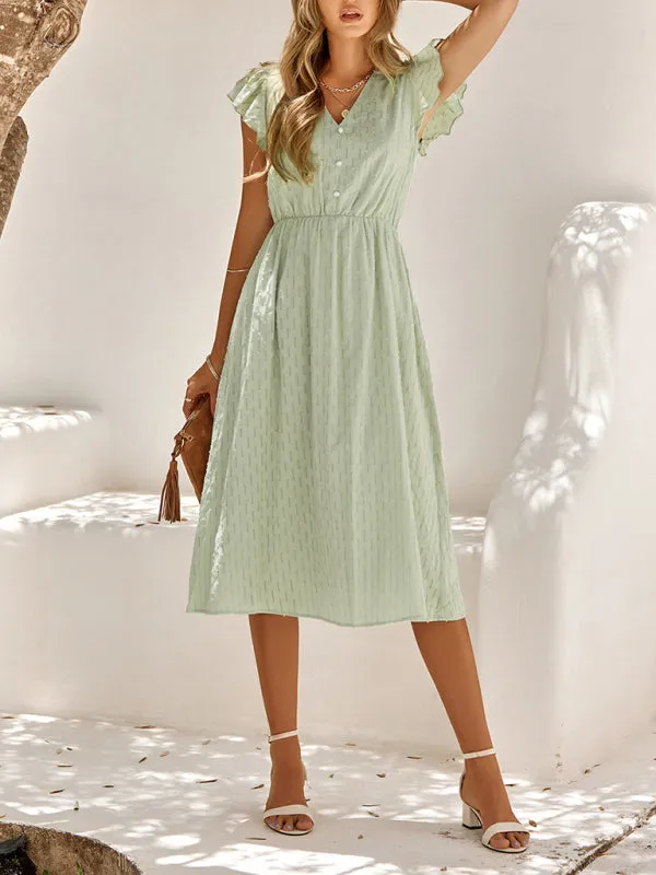 V-Neck Midi Dress with Flutter Sleeves and Textured Pattern