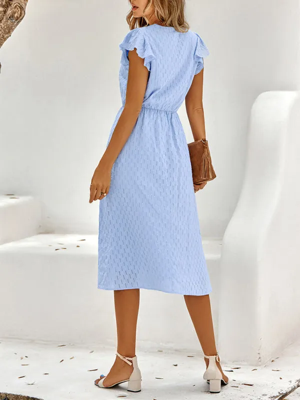 V-Neck Midi Dress with Flutter Sleeves and Textured Pattern