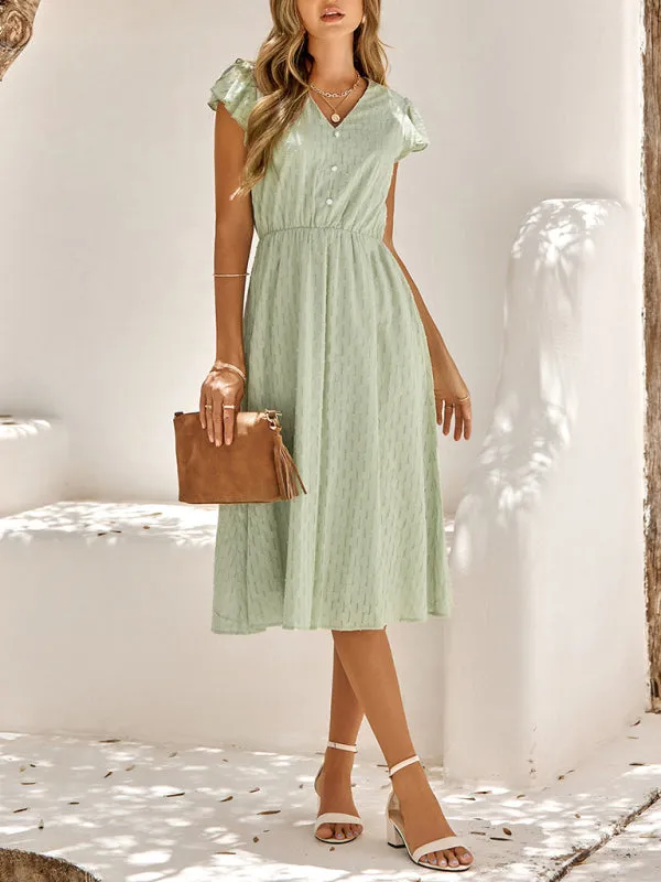 V-Neck Midi Dress with Flutter Sleeves and Textured Pattern