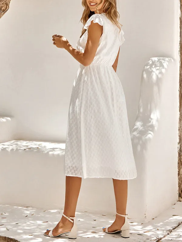 V-Neck Midi Dress with Flutter Sleeves and Textured Pattern