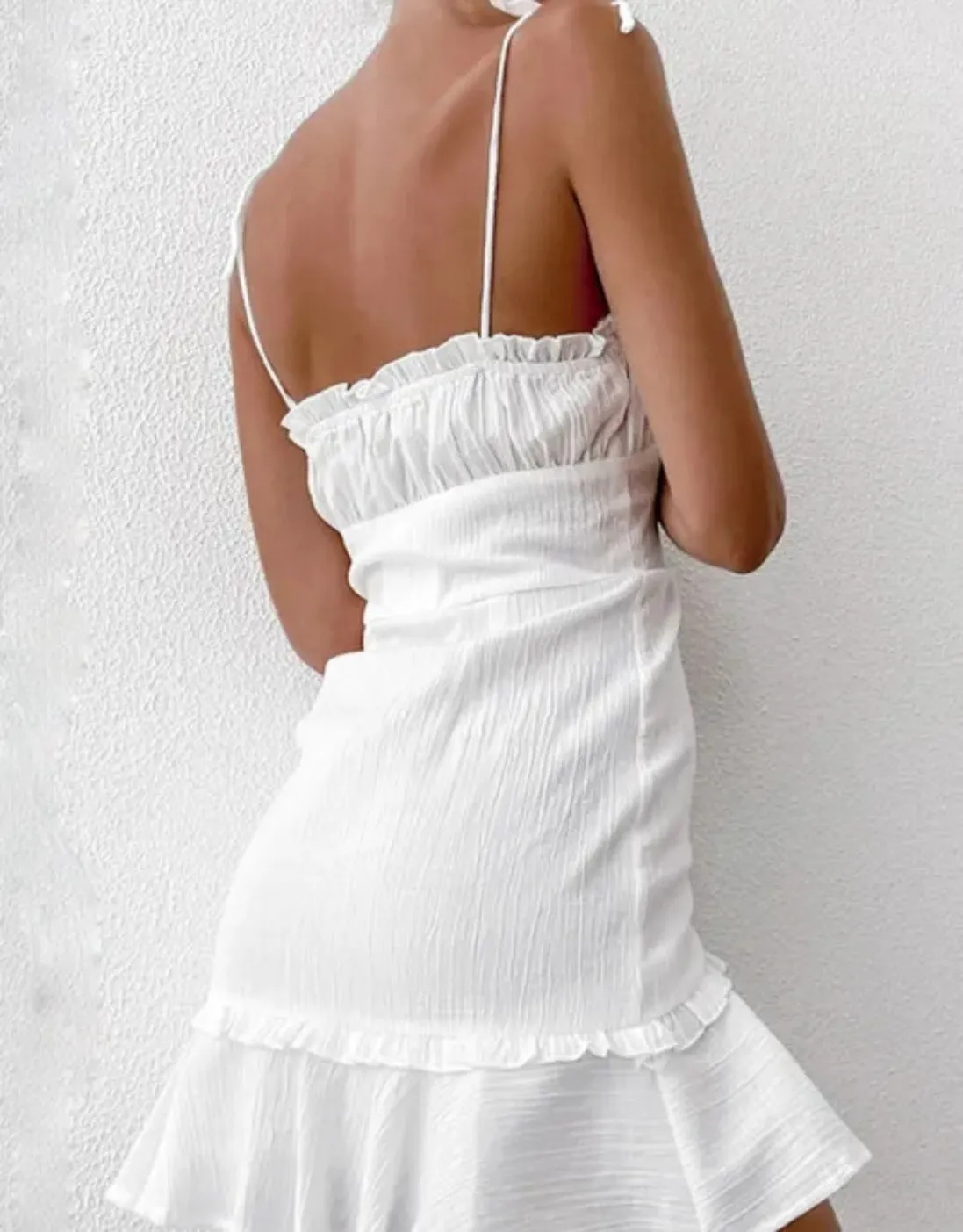 V-Neck Mini Dress with Ruffle Hem and Button-Down Front