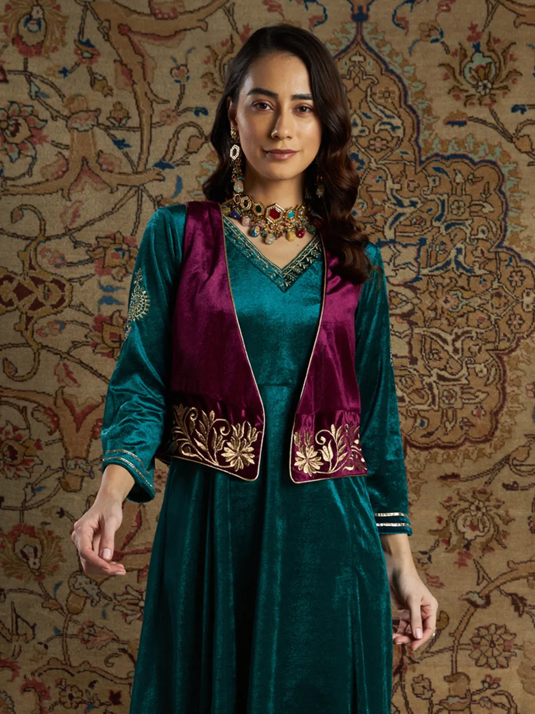 Women Burgundy Velvet Zari Embroidered Waistcoat