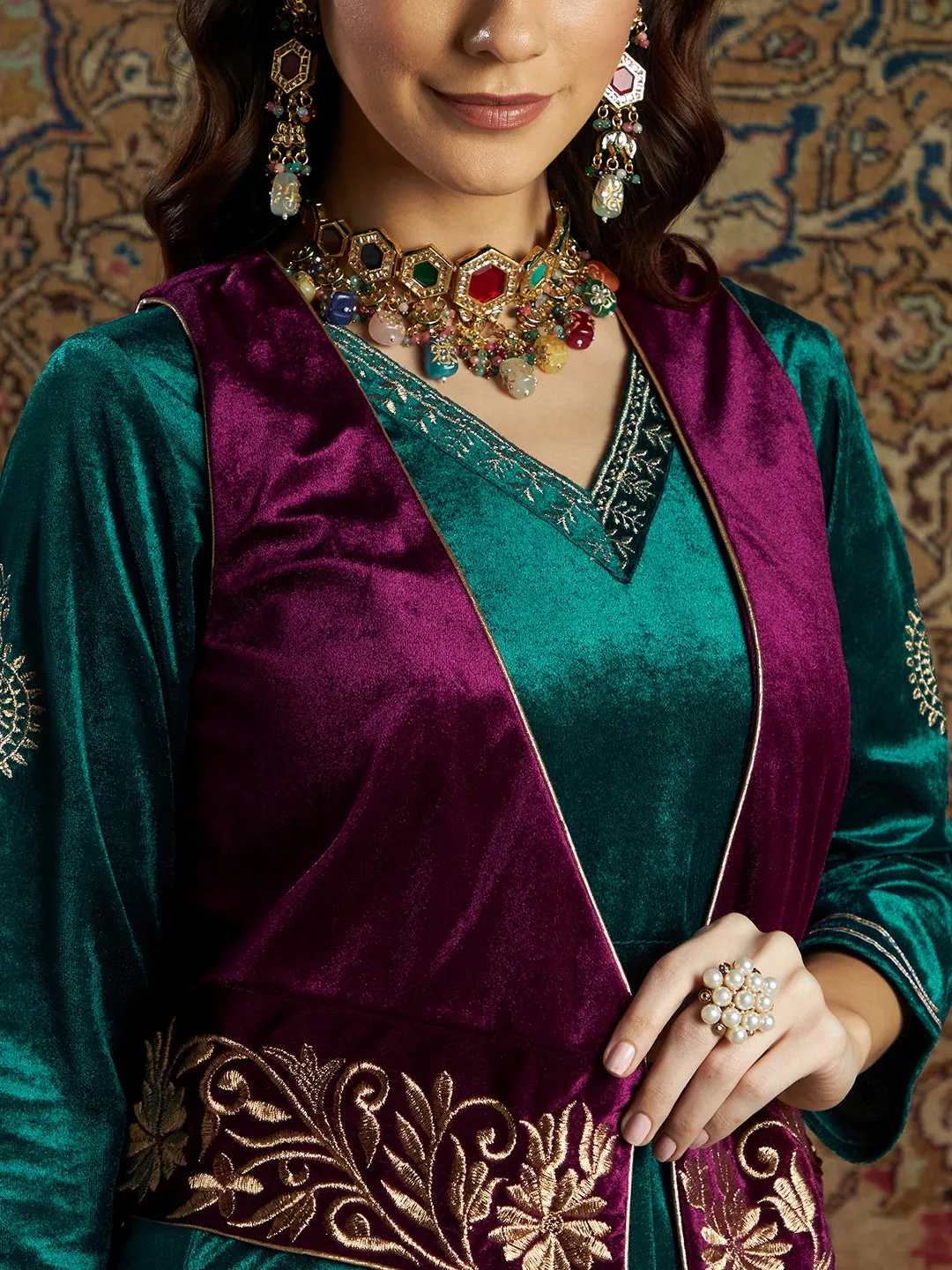 Women Burgundy Velvet Zari Embroidered Waistcoat