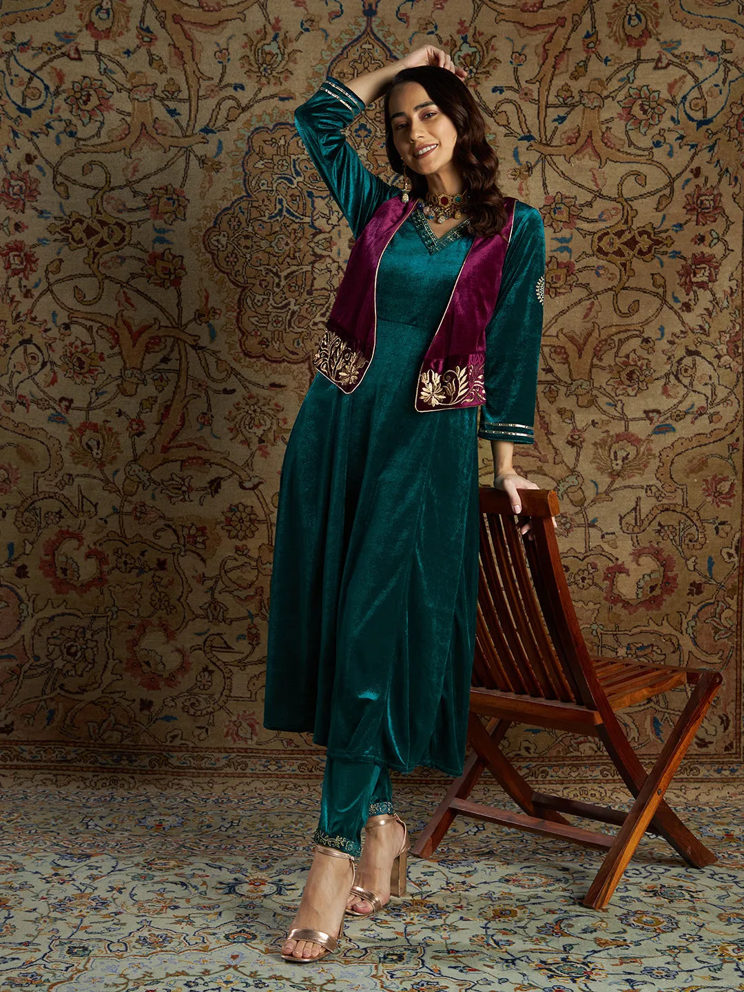 Women Burgundy Velvet Zari Embroidered Waistcoat