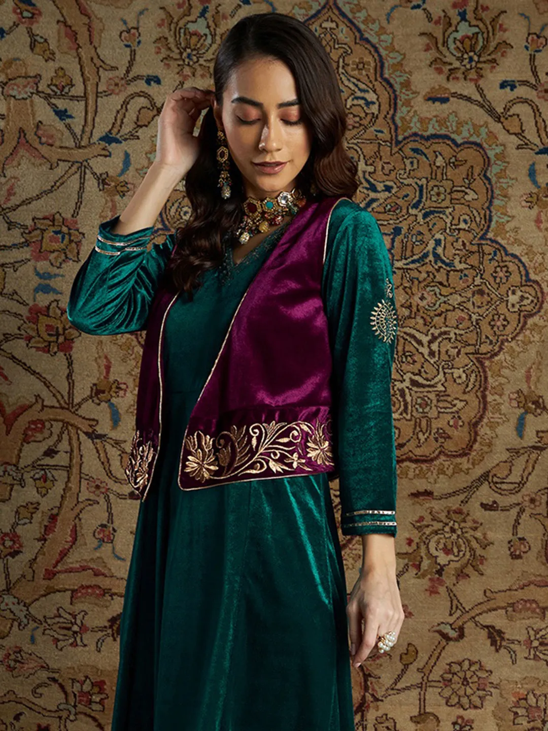Women Burgundy Velvet Zari Embroidered Waistcoat