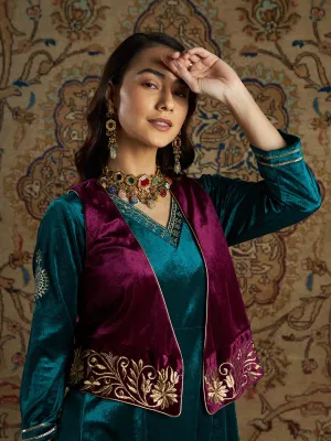 Women Burgundy Velvet Zari Embroidered Waistcoat