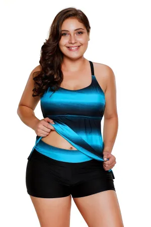 Women Multi Strap Back Blue Stripe Print Plus Size 2 Piece Tankini Swimsuit Bathing Suit Set