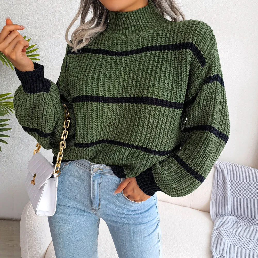 Women's Cropped Sweater with Oversized Sleeves and Turtleneck