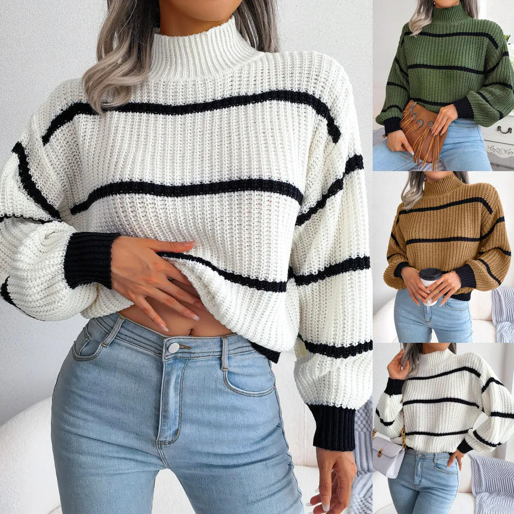 Women's Cropped Sweater with Oversized Sleeves and Turtleneck