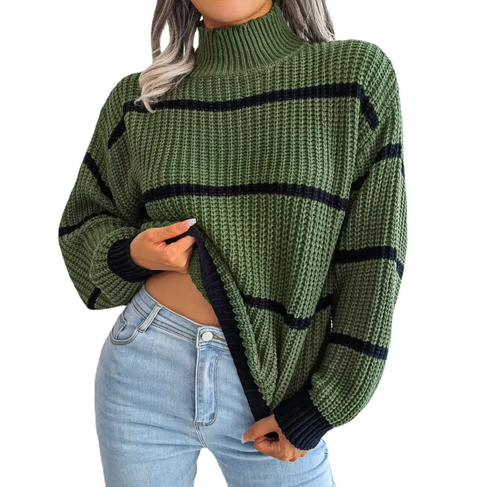 Women's Cropped Sweater with Oversized Sleeves and Turtleneck