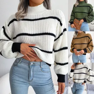 Women's Cropped Sweater with Oversized Sleeves and Turtleneck