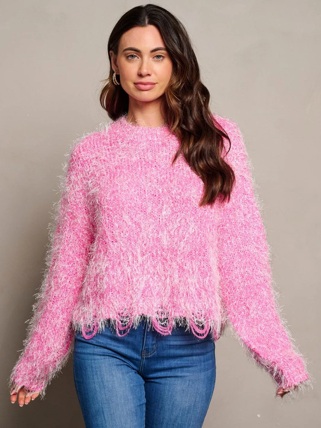 WOMEN'S LONG SLEEVE PULLOVER TRIM DETAILED FUZZY SWEATER