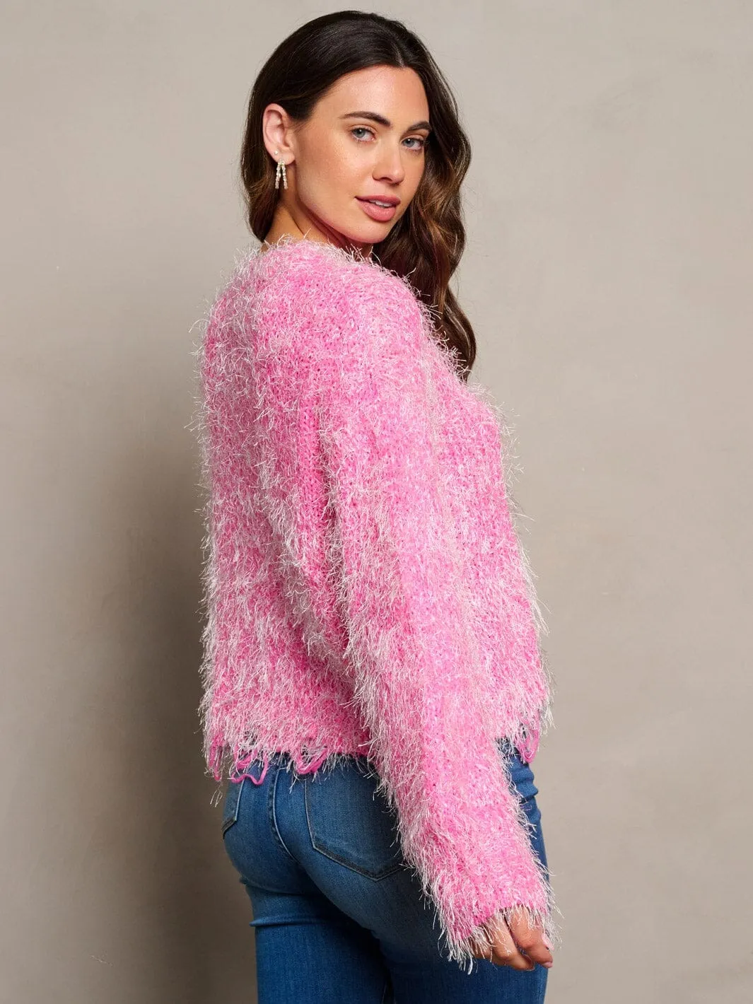 WOMEN'S LONG SLEEVE PULLOVER TRIM DETAILED FUZZY SWEATER