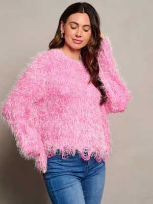 WOMEN'S LONG SLEEVE PULLOVER TRIM DETAILED FUZZY SWEATER