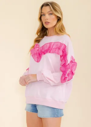 WOMEN'S LONG SLEEVE RUFFLE PULLOVER SWEATER