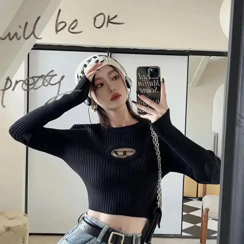 Y2K Ribbed Cropped Sweater with Plunge Detail and Long Sleeves