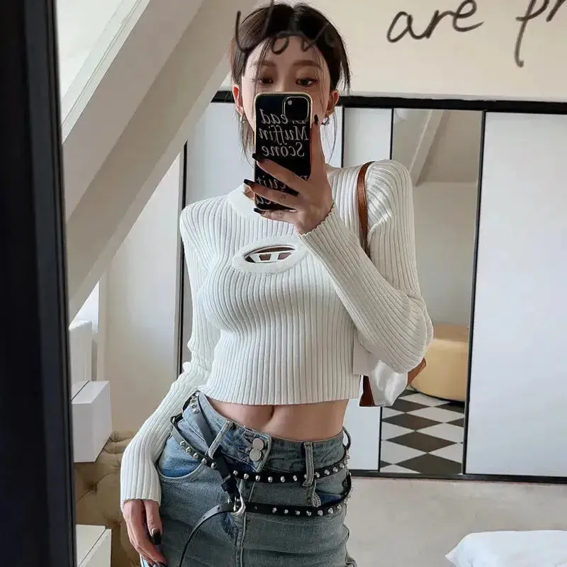 Y2K Ribbed Cropped Sweater with Plunge Detail and Long Sleeves