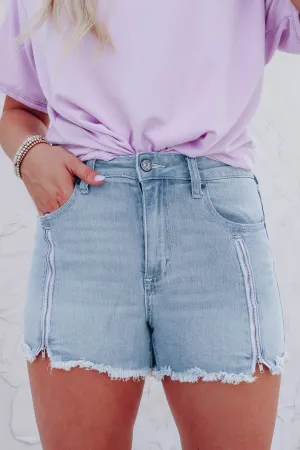 Zipped Down Light Wash Denim Shorts